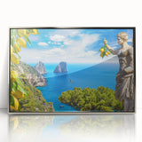 Large art print of Capri landscape in silver frame, acrylic, with mid-century modernist style.