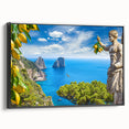 Black and white framed canvas of Capri landscape, ideal for bedroom wall art with a vintage poster style.