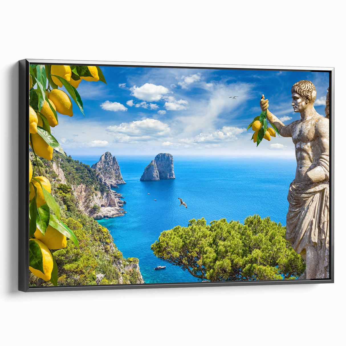 Black and white framed canvas of Capri landscape, ideal for bedroom wall art with a vintage poster style.