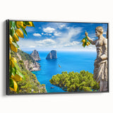 Black and white framed canvas of Capri landscape, ideal for bedroom wall art with a vintage poster style.