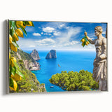 Framed canvas featuring a vintage-style landscape painting of Capri, Italy, with vibrant colors on a black background.