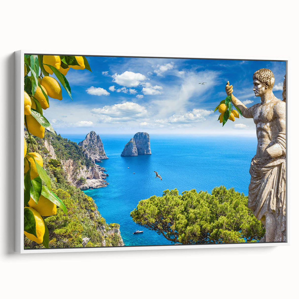 Vintage poster art of Capri, Italy, featuring colorful imagery on a large framed canvas, ideal for living room decor.