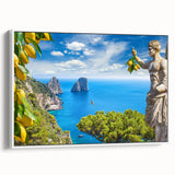 Vintage poster art of Capri, Italy, featuring colorful imagery on a large framed canvas, ideal for living room decor.
