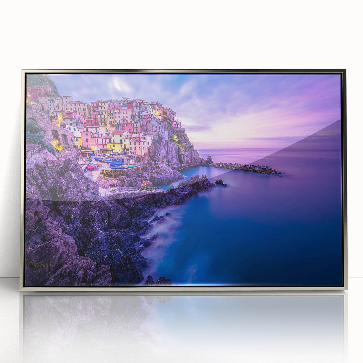 Large art print of Cinque Terre with vibrant coastal hues on framed acrylic, ideal for modern art wall decor.