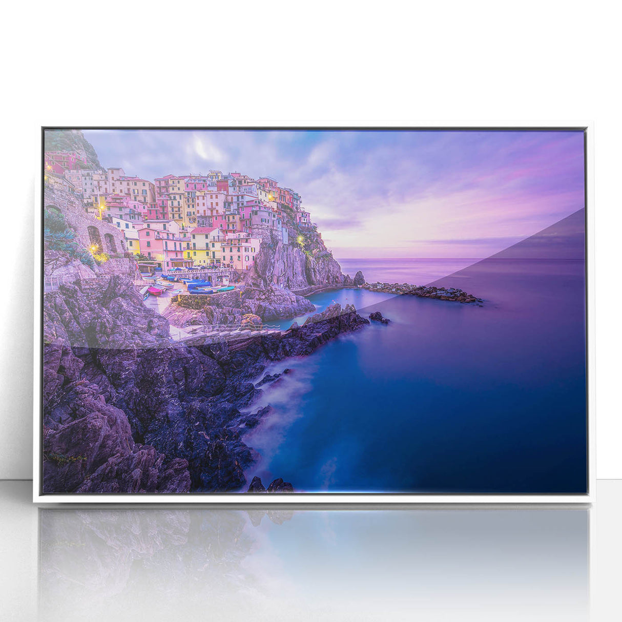 Framed acrylic print of Cinque Terre with muted pastel colors in mid-century modernist style, ideal for nursery wall art.