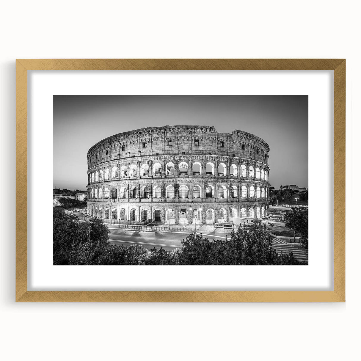 Abstract art print of the Colosseum in muted gold and cream tones, framed with a gold mat.