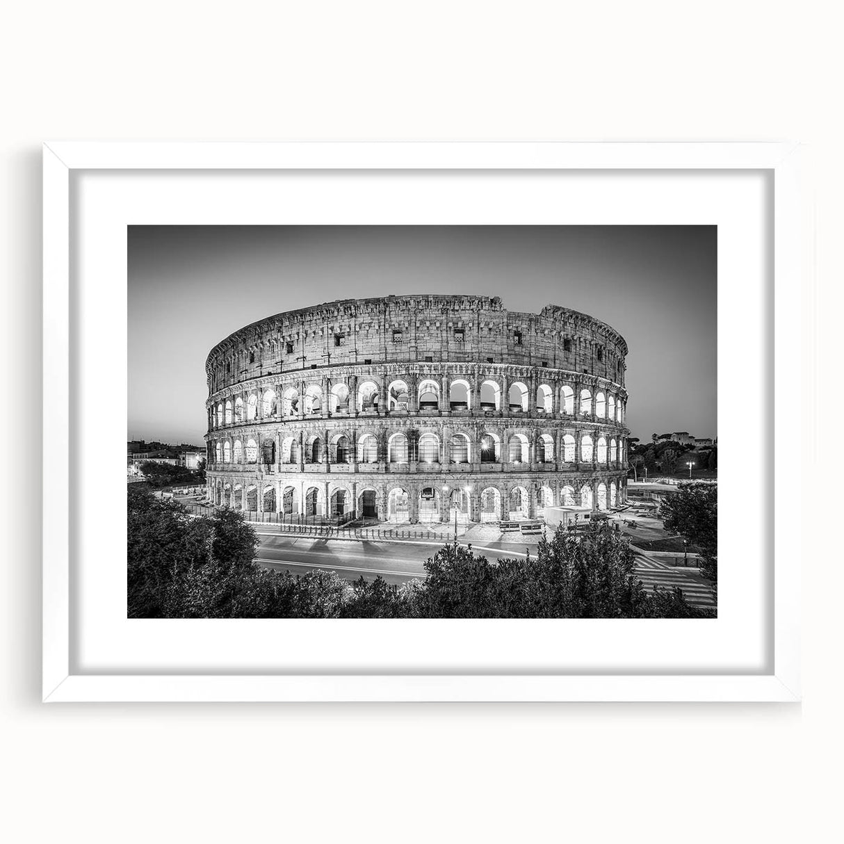 Textured art print of the Colosseum in muted earth tones on a framed white mat, ideal for bedroom art.