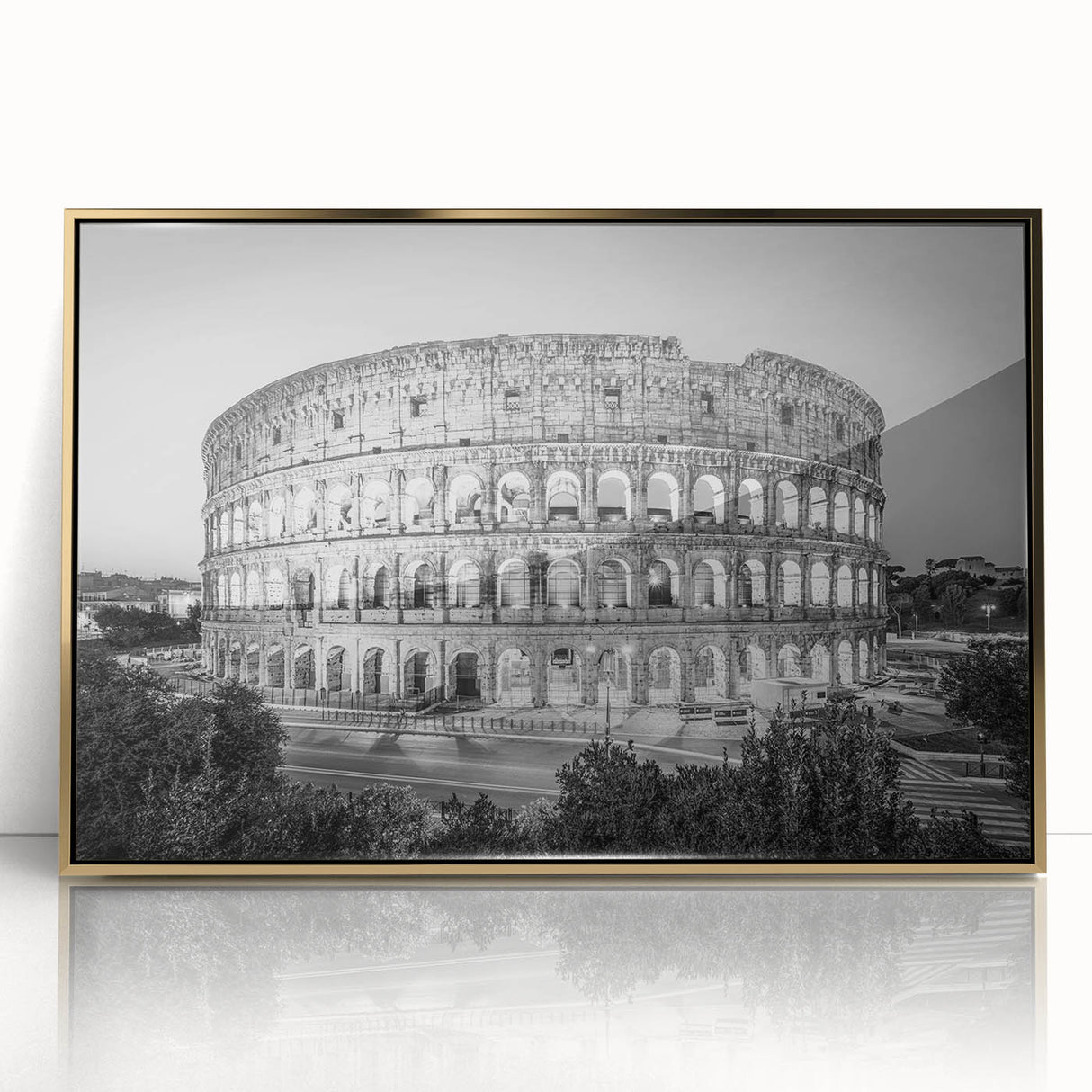 Art deco poster of the Colosseum in Rome with muted gold tones on framed acrylic, suitable for modern art wall decor.