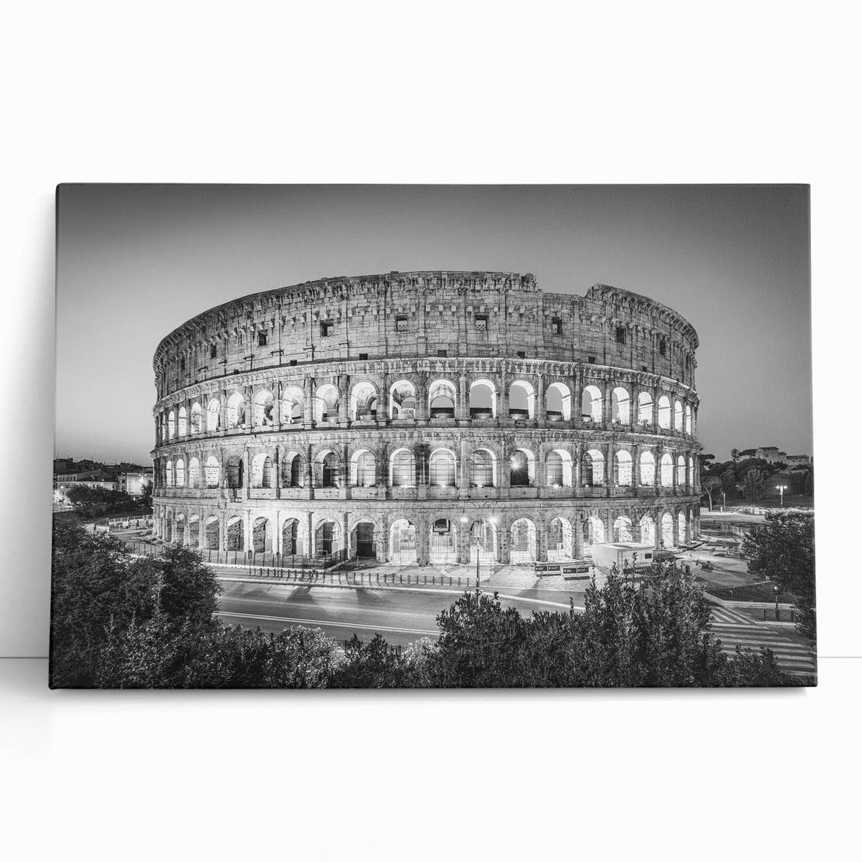 Black and white stretched canvas of the Colosseum in Rome, ideal for kitchen wall art.