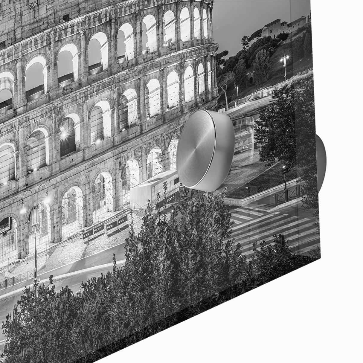 Acrylic print of the Colosseum in muted earth tones, ideal for dining room art in a mid-century modernist style.