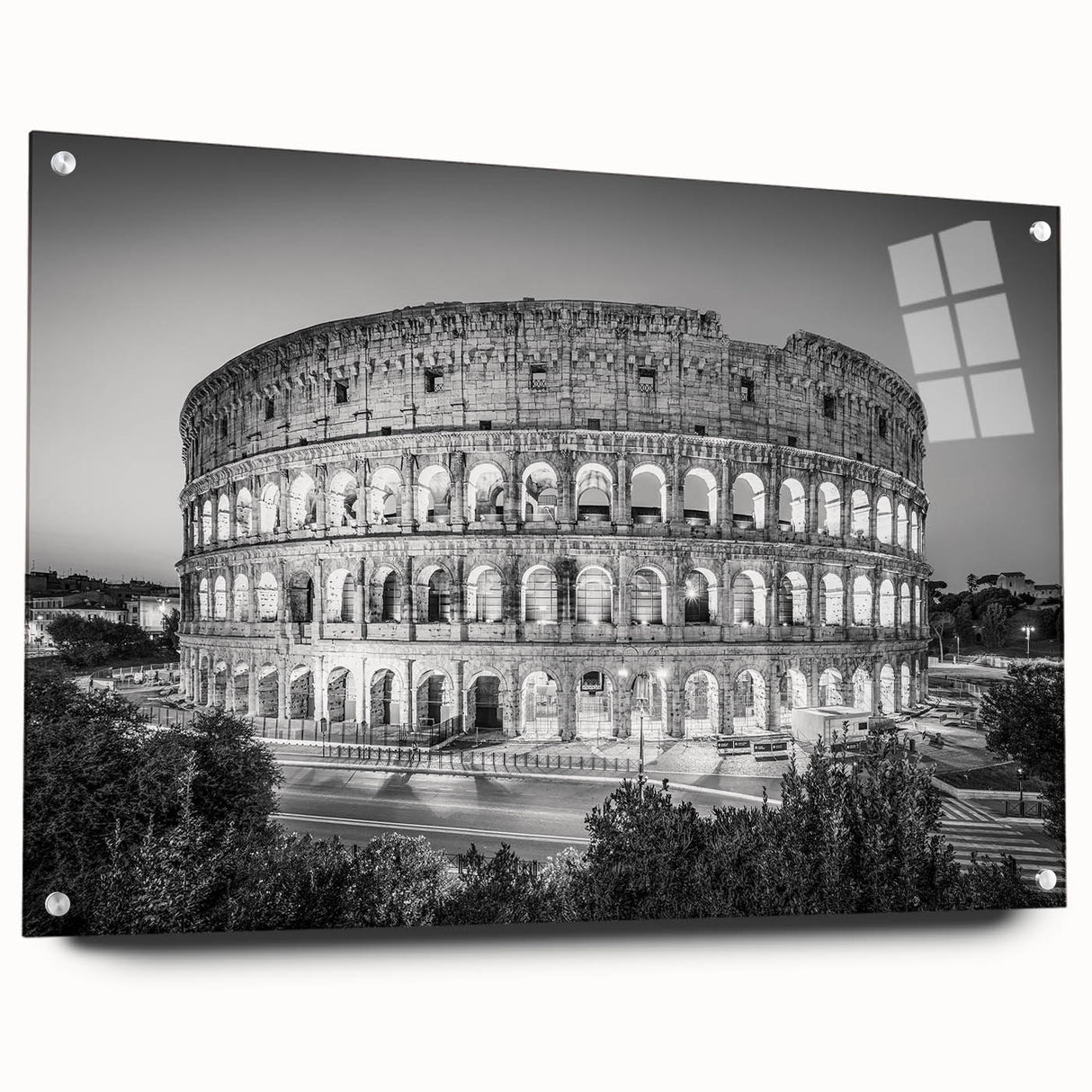 Side view of a large acrylic glass print depicting the Colosseum in Italy, ideal for dining room art.