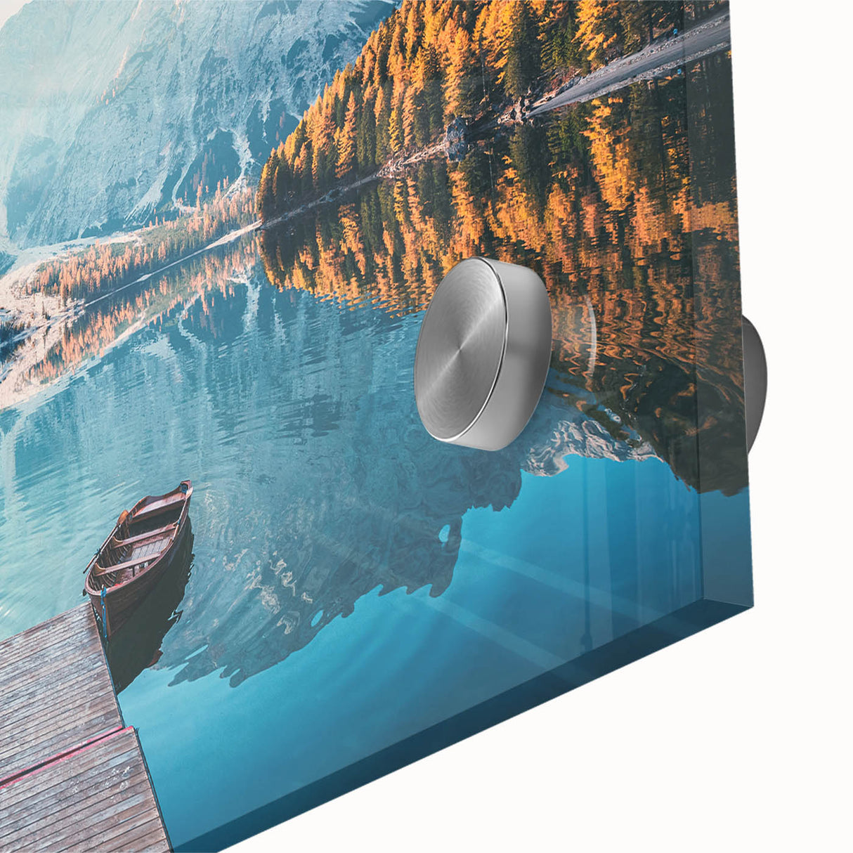 Large abstract depiction of the Dolomites in muted earth tones on acrylic glass.