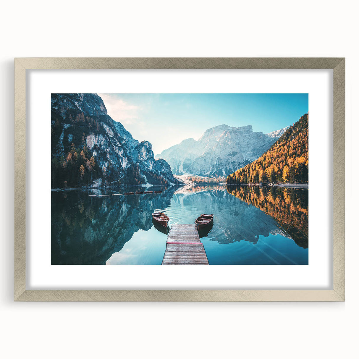 Extra large wall art featuring an abstract textured print of the Dolomites in muted earth tones, framed in silver.
