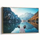 Framed canvas featuring a vintage-style landscape painting of the Dolomites in Italy, with muted earth tones.