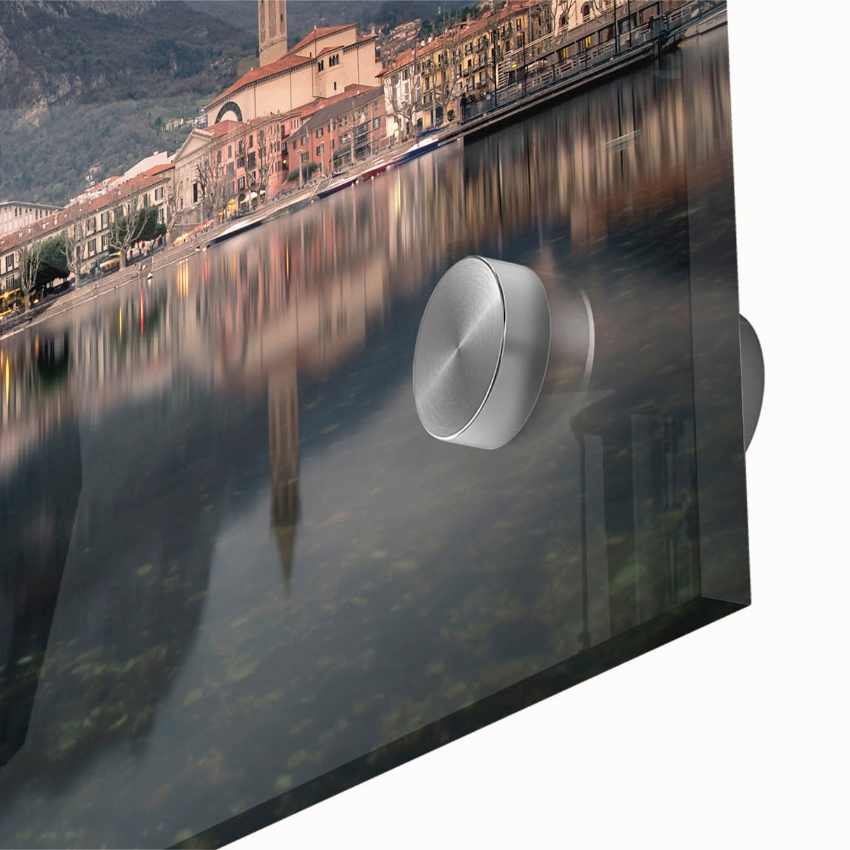 Mid-century modernist art of Lake Como with muted blue and green tones on acrylic glass, ideal for dining room art.