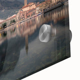 Mid-century modernist art of Lake Como with muted blue and green tones on acrylic glass, ideal for dining room art.