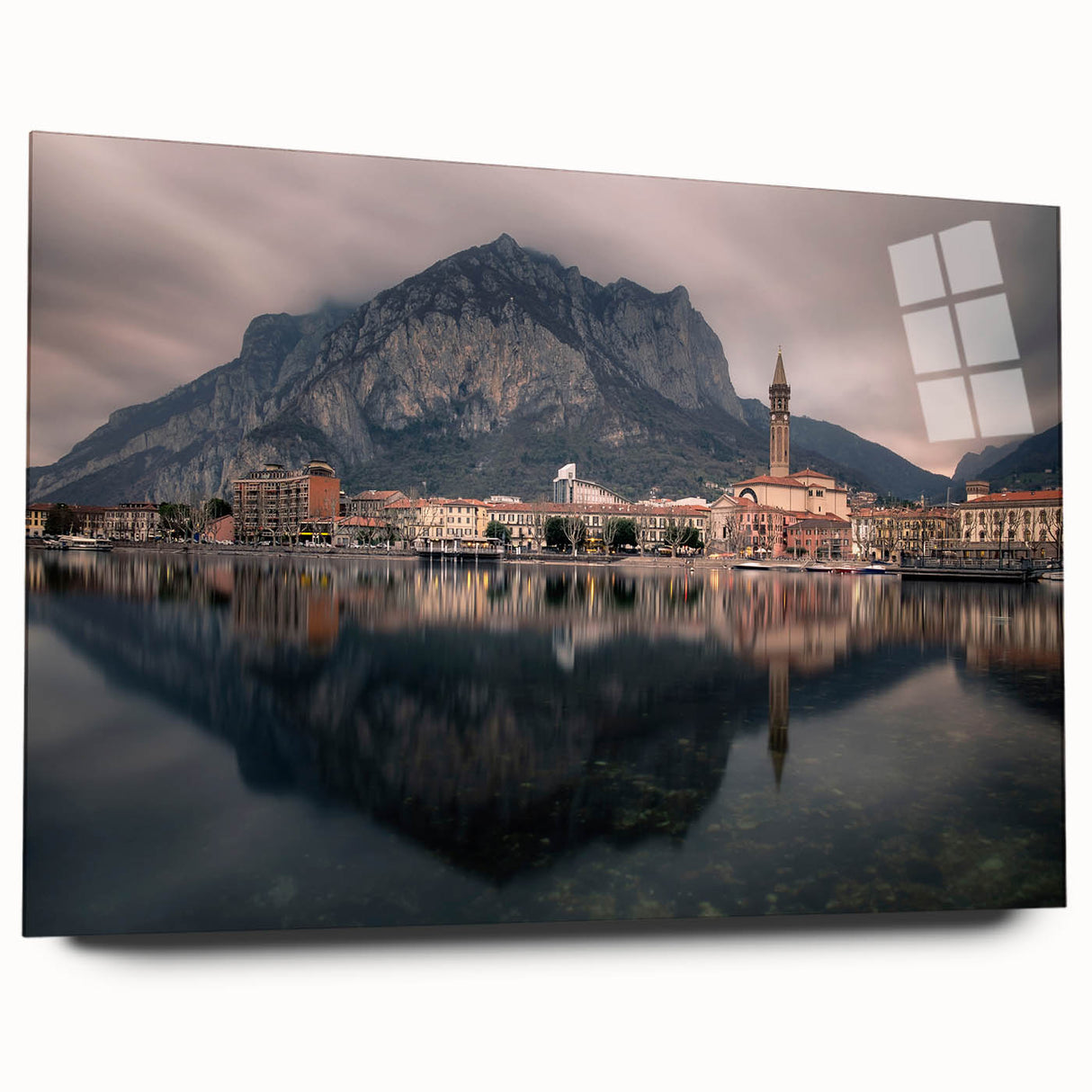 Acrylic print of Lake Como with soft blue and green hues, ideal for bedroom or dining room art.