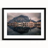 Extra large abstract art print of Lake Como with vibrant colors on textured canvas, framed in black.