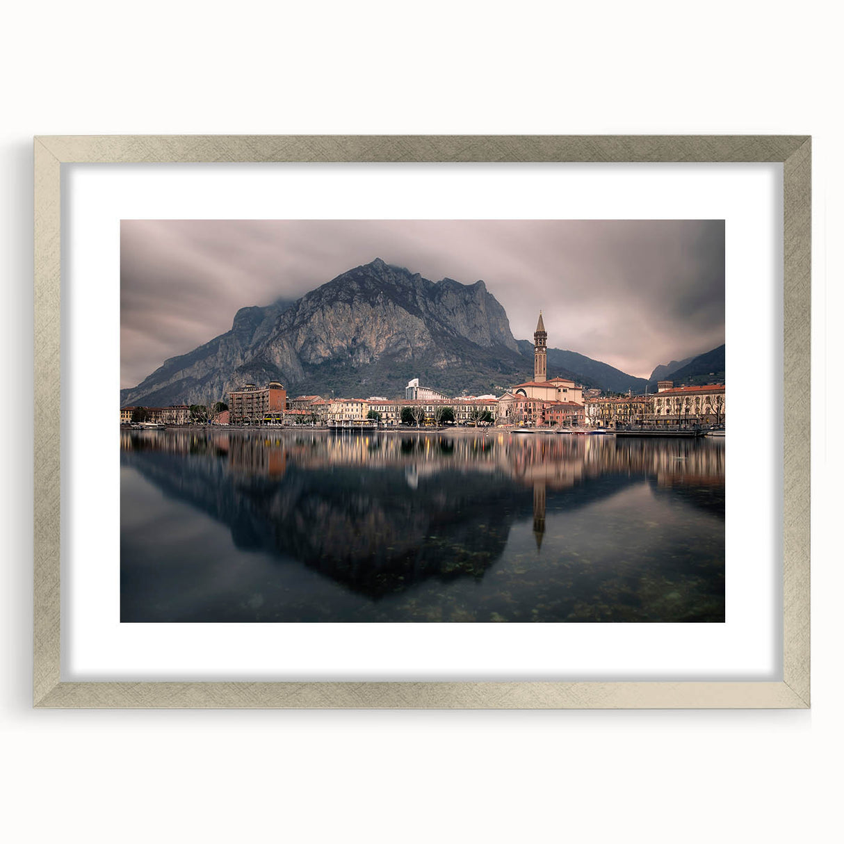 Extra large wall art depicting an abstract view of Lake Como in muted earth tones on a textured canvas.