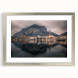 Extra large wall art depicting an abstract view of Lake Como in muted earth tones on a textured canvas.