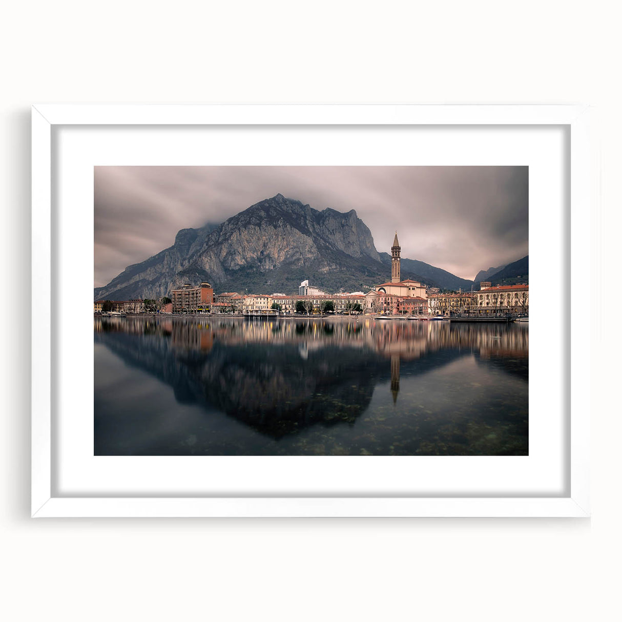 Textured art of Lake Como with abstract style and muted colors on a framed white mat, ideal for bedroom art.