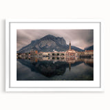 Textured art of Lake Como with abstract style and muted colors on a framed white mat, ideal for bedroom art.