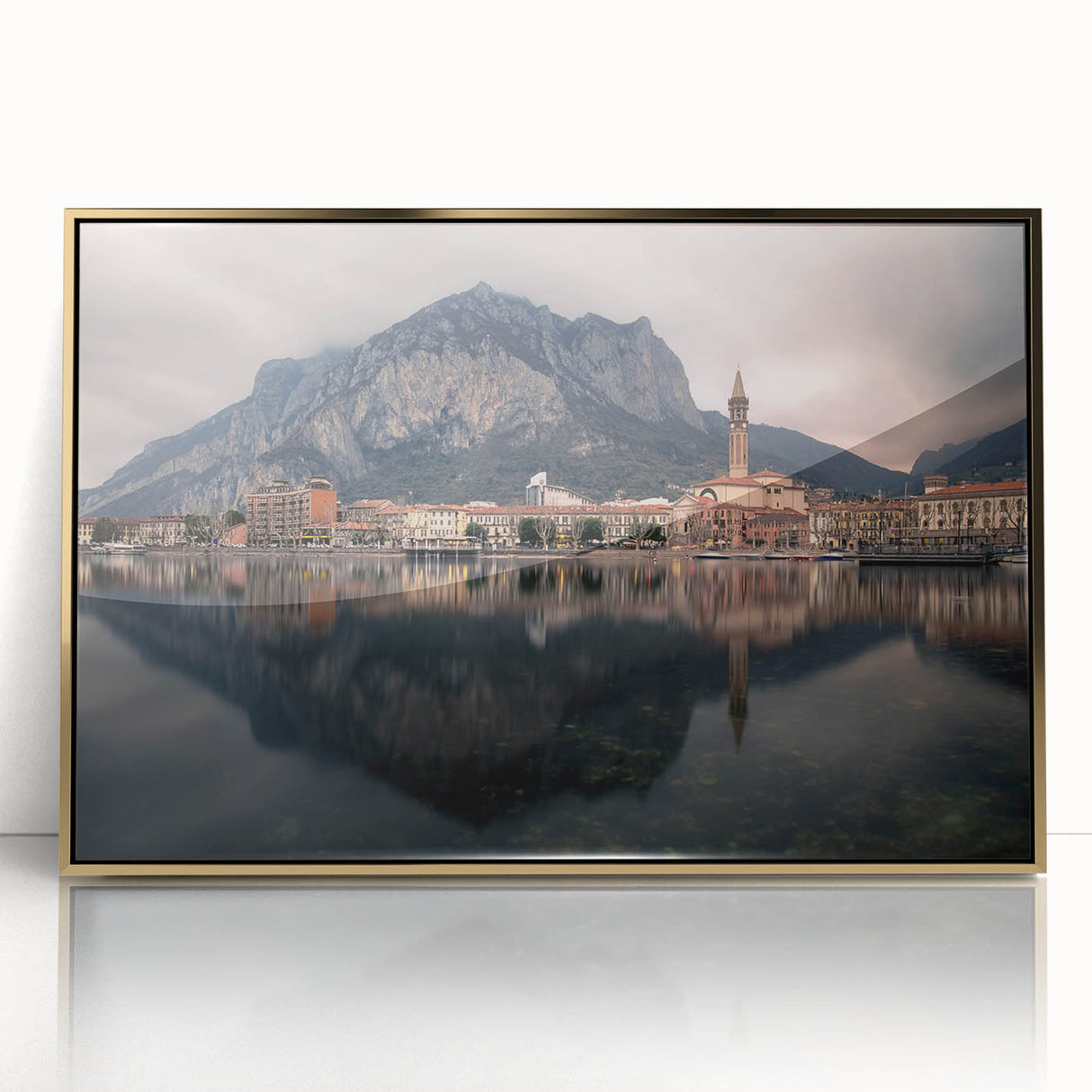 Art deco poster of Lake Como with serene blue and green tones on a framed acrylic, ideal for modern art wall decor.