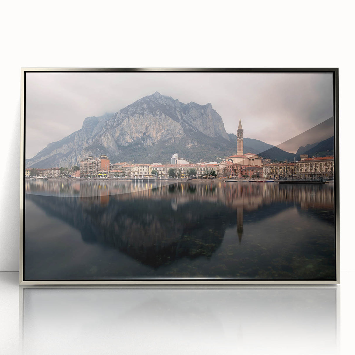 Acrylic print of Lake Como with muted blue and green tones in a mid-century modernist style, ideal for modern art wall decor.