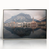 Acrylic print of Lake Como with muted blue and green tones in a mid-century modernist style, ideal for modern art wall decor.