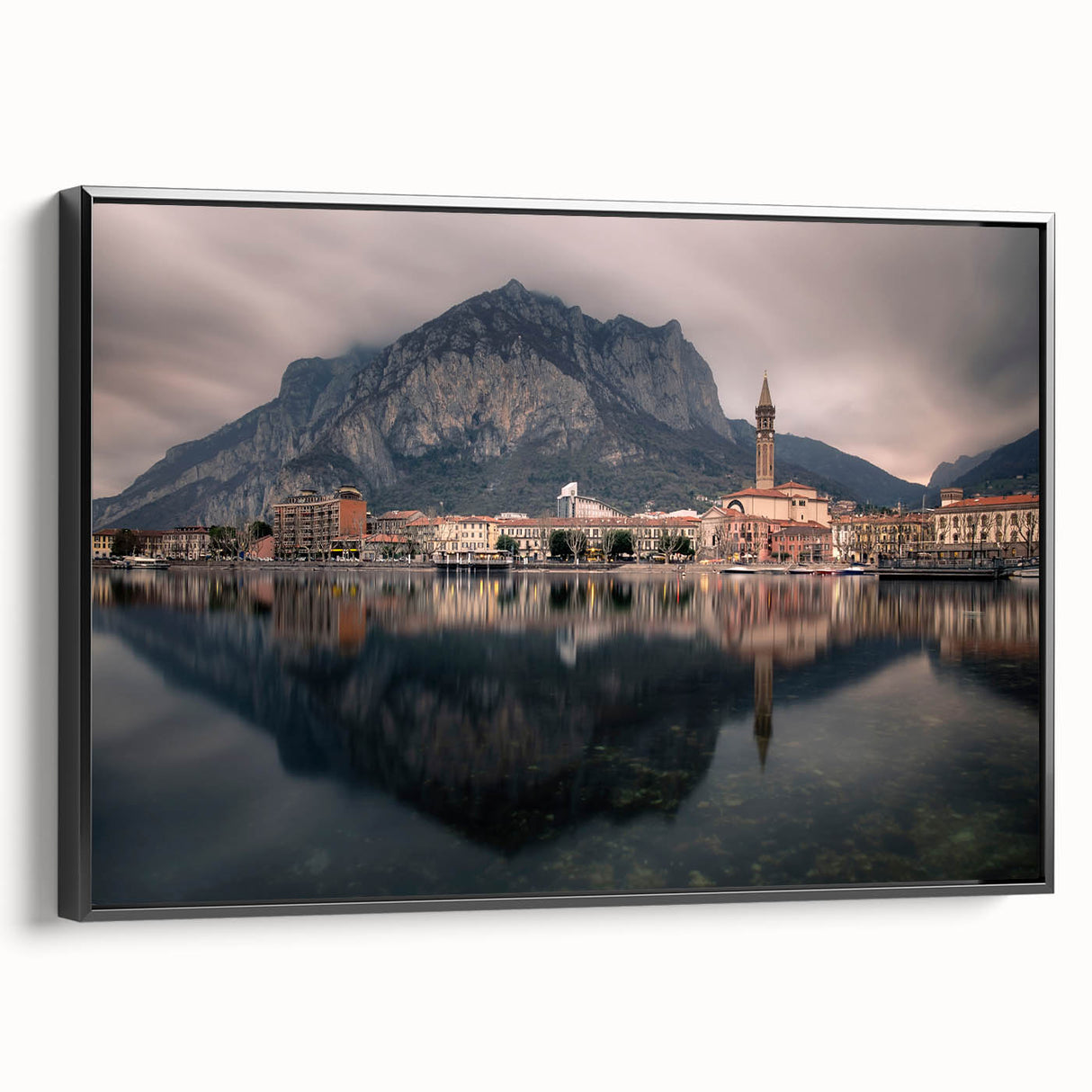 Black and white wall art of Lake Como, framed canvas in a vintage poster style, suitable for bedroom decor.
