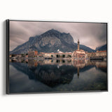 Black and white wall art of Lake Como, framed canvas in a vintage poster style, suitable for bedroom decor.