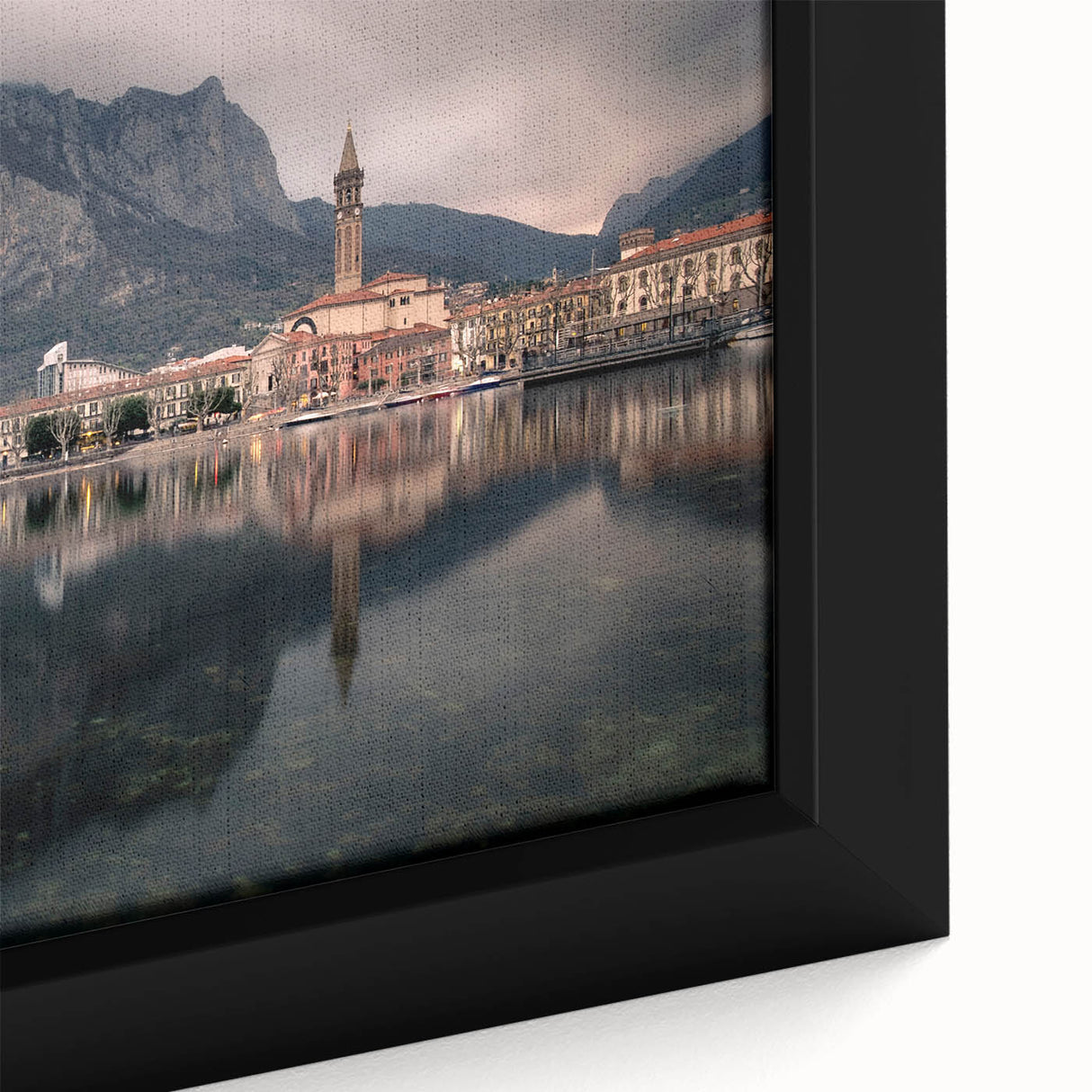 Extra large black wall art featuring a textured view of Lake Como with vibrant colors, framed canvas.