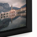 Extra large black wall art featuring a textured view of Lake Como with vibrant colors, framed canvas.