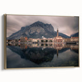Framed canvas featuring a vintage-style landscape painting of Lake Como with muted earth tones, ideal for bedroom wall art.