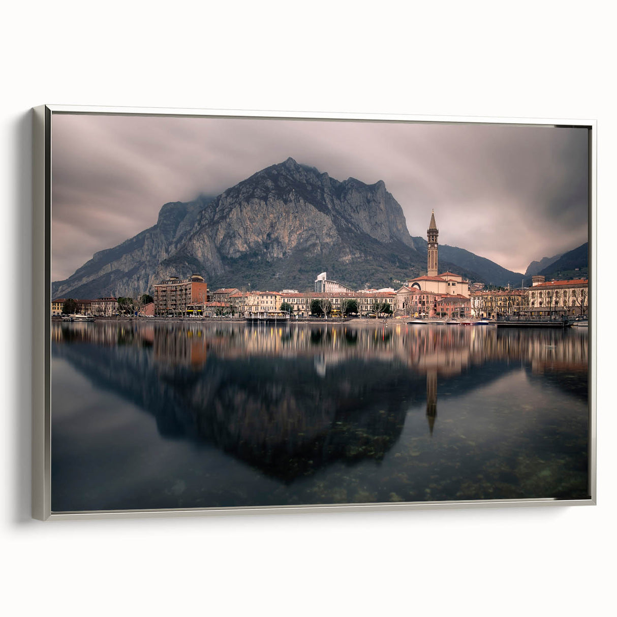 Landscape art painting of Lake Como with muted blues and greens on a framed canvas, ideal for living room decor.