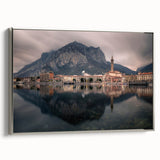 Landscape art painting of Lake Como with muted blues and greens on a framed canvas, ideal for living room decor.