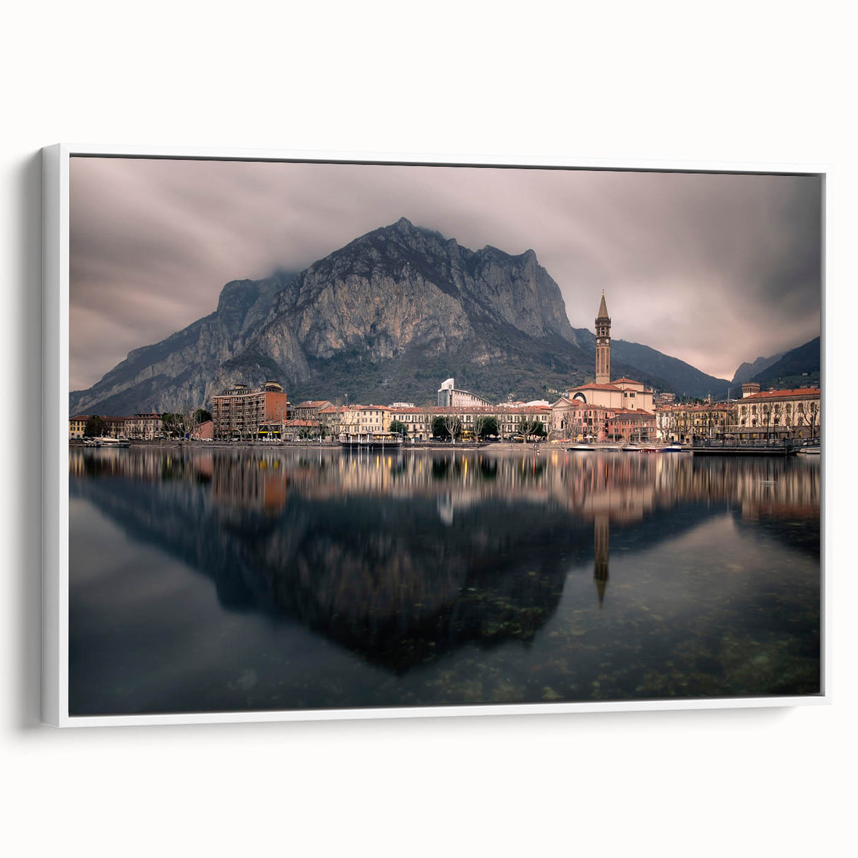 Vintage poster art of Lake Como with vibrant colors on extra large framed canvas, ideal for living room decor.