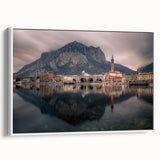 Vintage poster art of Lake Como with vibrant colors on extra large framed canvas, ideal for living room decor.