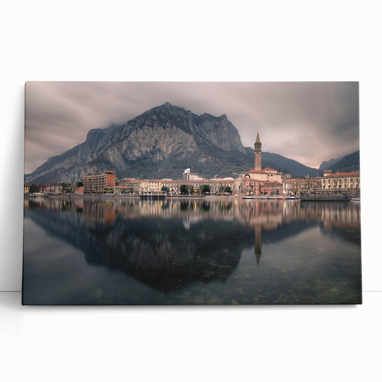 Black and white photograph of Lake Como on stretched canvas, ideal for kitchen wall art.