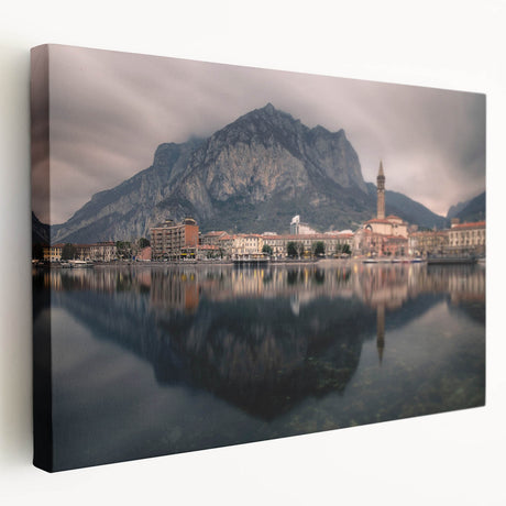 Lake Como scenery on large stretched canvas in muted blue and green tones, ideal for kitchen wall art.