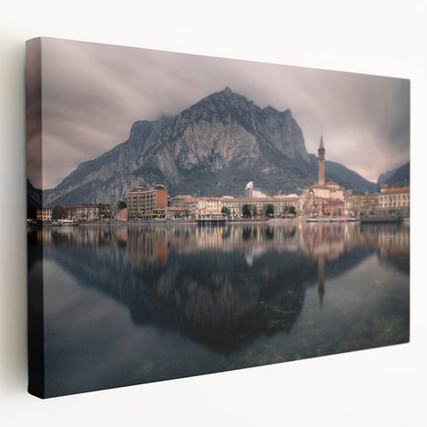 Lake Como scenery on large stretched canvas in muted blue and green tones, ideal for kitchen wall art.