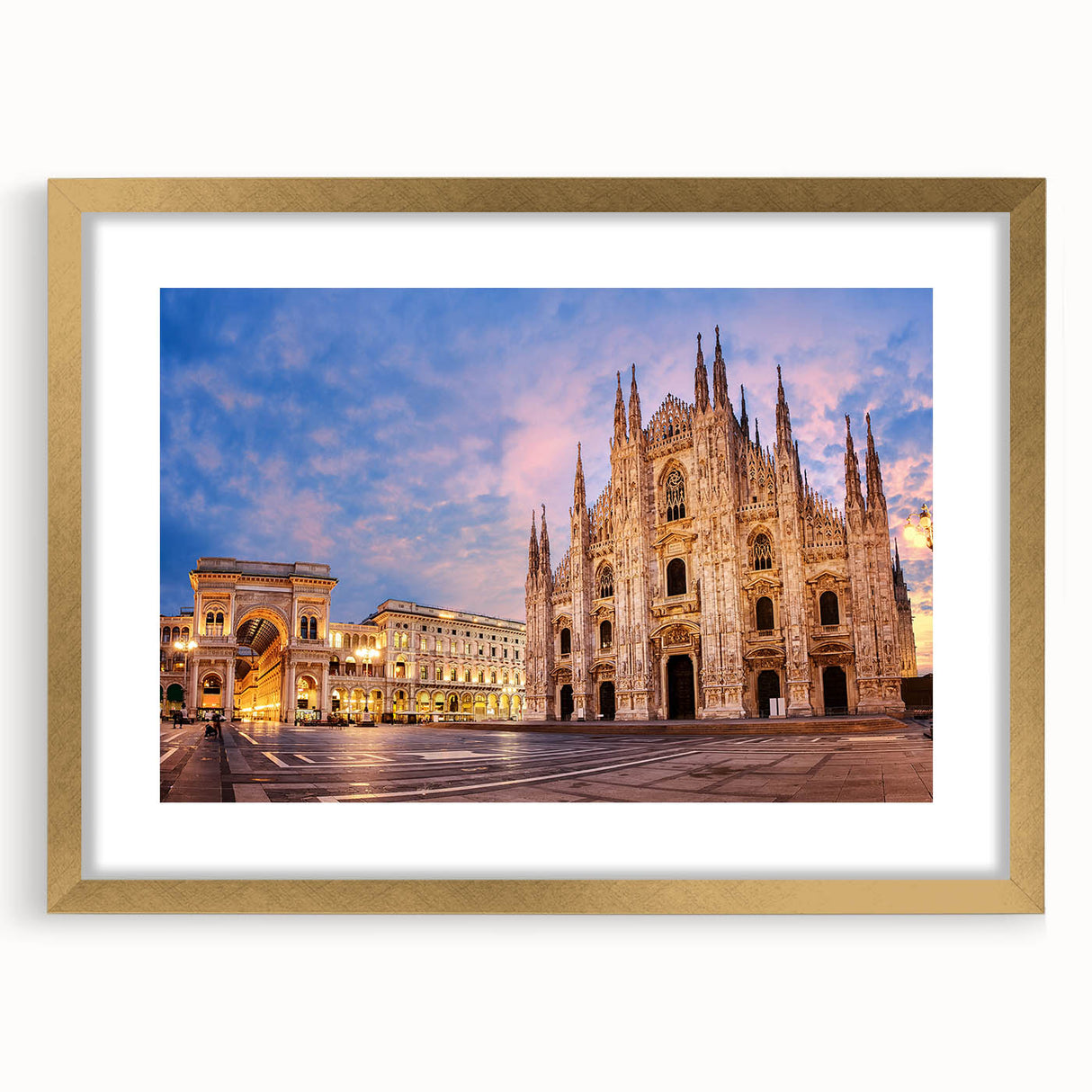 Abstract art print of Milan scenery in muted gold and earth tones on a framed mat, ideal for dining room decor.