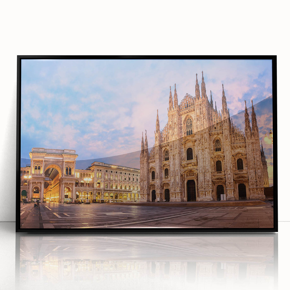 Large abstract wall art depicting Milan scenery in muted gray and blue tones on framed acrylic.