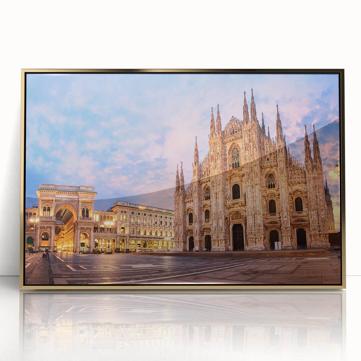 Art deco poster of Milan scenery with muted gold and blue tones on acrylic, ideal for modern art wall decor.