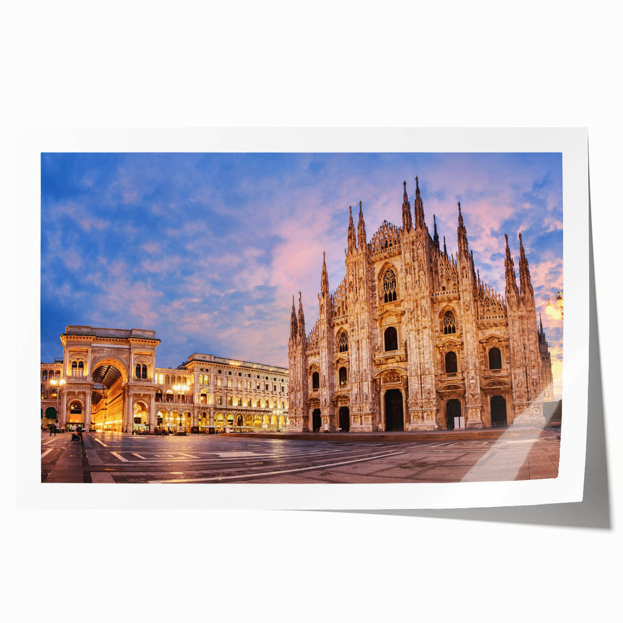 Rolled print of Milan scenery with floral elements in soft pastel shades, suitable as art wall dining room decor.