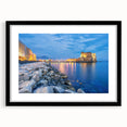 Extra large abstract art print of a colorful, textured Naples scenery on a black framed canvas, ideal for living room decor.