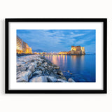 Extra large abstract art print of a colorful, textured Naples scenery on a black framed canvas, ideal for living room decor.