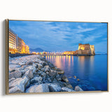 Framed canvas of a vintage-style Naples landscape in muted earth tones, ideal for bedroom wall art.