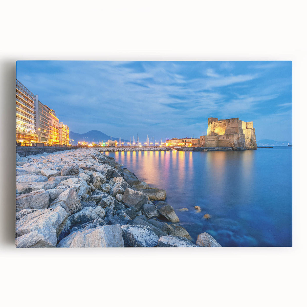 Black and white stretched canvas of Naples, Italy cityscape, ideal for kitchen wall art or bedroom ambiance.
