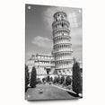Acrylic print of the Leaning Tower of Pisa set against a vibrant sunset, ideal for dining room decor.